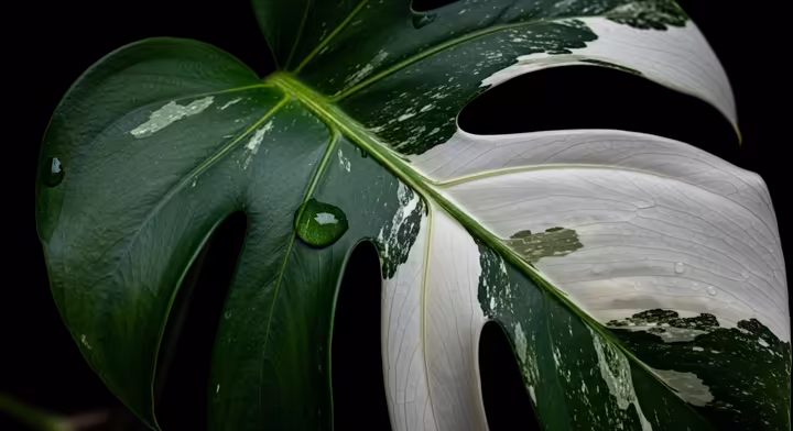 A dramatic close-up macro photo of a single Monstera Albo Variegata leaf showing the contrast between deep green and milky-white sectors.