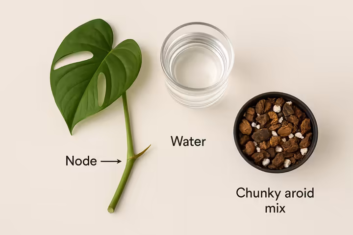A flat-lay of Monstera propagation supplies: a cutting with a node, a glass of water, and a pot of soil.