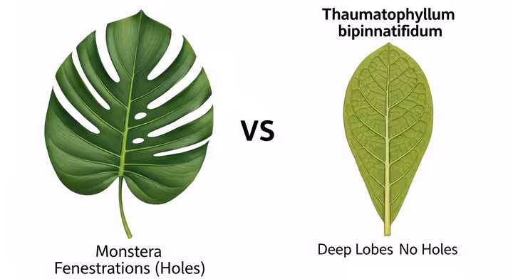 Side-by-side comparison of a Monstera deliciosa leaf with its signature holes and a Thaumatophyllum bipinnatifidum leaf with deep lobes but no holes.