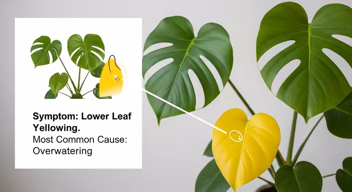 A Monstera plant with a single bright yellow lower leaf, with an inset graphic pointing to it labeled 'Symptom: Lower Leaf Yellowing. Most Common Cause: Overwatering.'