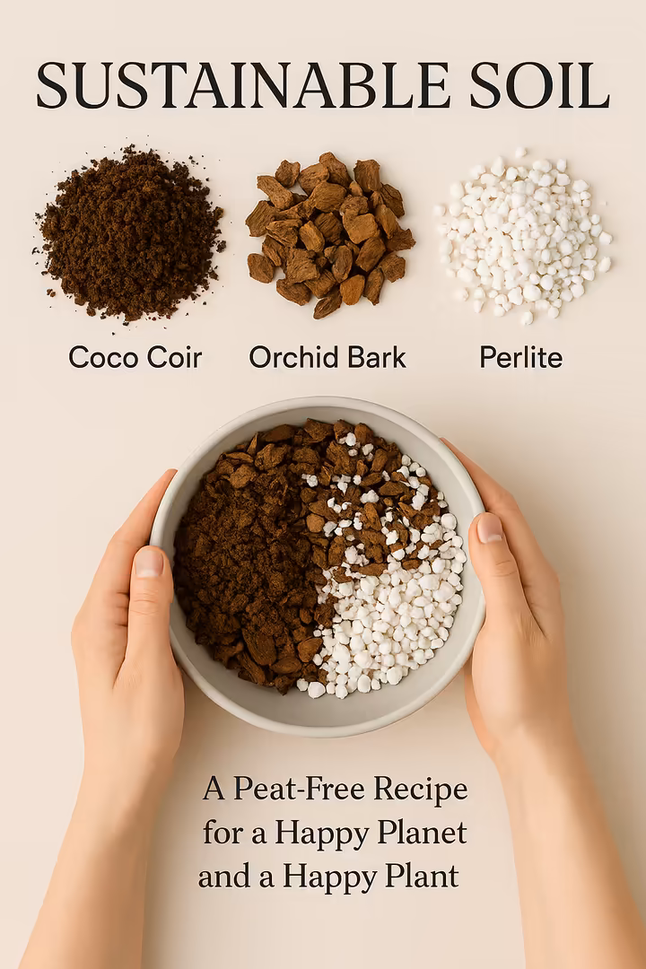 Hands mixing the components of a peat-free aroid soil mix: coco coir, orchid bark, and perlite.