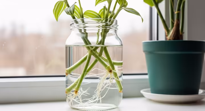 Tradescantia stem cuttings with roots growing from nodes, placed in a clear glass of water on a sunny windowsill.