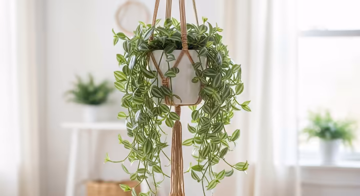 A lush, trailing Tradescantia zebrina in a macrame hanging basket, with its purple and silver leaves cascading down.